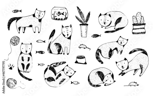 Set of cute hand drawn black vector cat. Funny textured cat characters, plants and fish for kids print design, pet shop advertisement, banners, surface, patterns, package