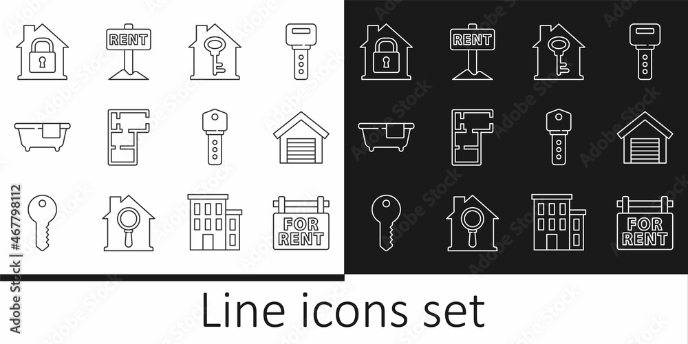 Set line Hanging sign with For Rent, Garage, House key, plan, Bathtub, under protection, and icon. Vector