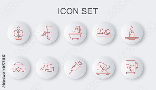Set line Cup of tea and leaf, Headphones for meditation, Bathtub, Scented spa stick, Plant, Laboratory glass leaves, Acupuncture therapy and Syringe icon. Vector