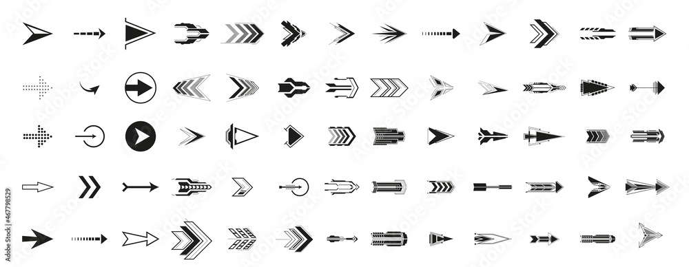 Arrows are a large black set of icons. Arrow icon. Collection of vector arrows.  Futuristic interface hud design elements.  Vector illustration isolated pointer signs set - obrazy, fototapety, plakaty 