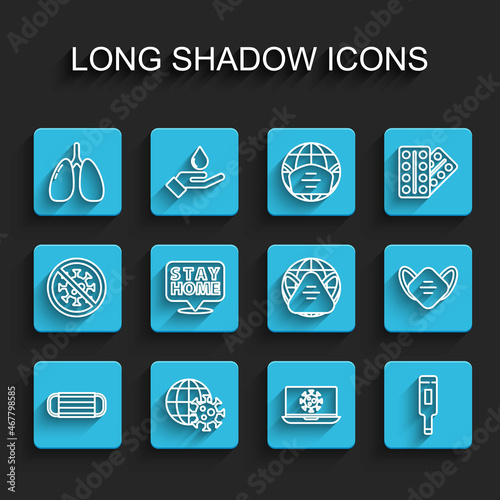Set line Medical protective mask, Earth globe with virus, Lungs, Virus statistics on laptop, thermometer, Stay home, and medical icon. Vector