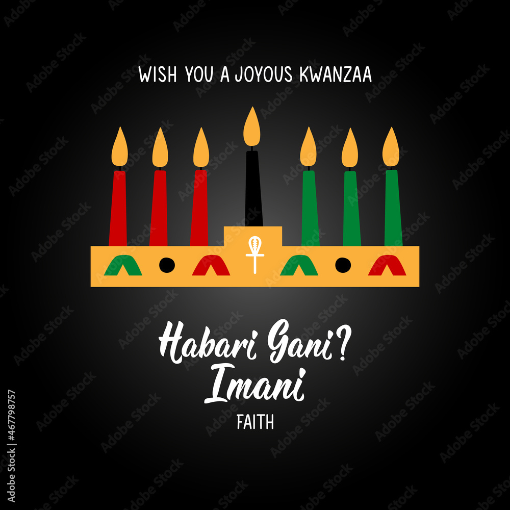 Questions in Swahili: How are you. Traditional greetings during Kwanzaa. Imani means Faith. Congratulations on the seventh day of Kwanzaa. African American holidays card.