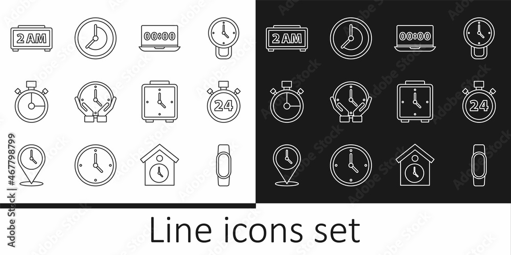 Set line Smartwatch, Stopwatch 24 hours, Clock on laptop, Digital alarm clock, Alarm and icon. Vector