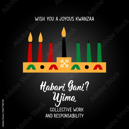Questions in Swahili: How are you. Traditional greetings during Kwanzaa. Ujima means Collective Work and Responsibility. Congratulations on the the third day of Kwanzaa. African American holidays card photo