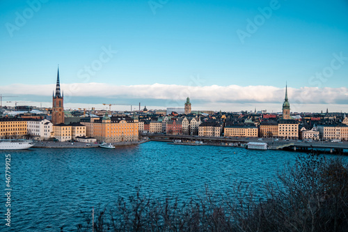 Scenic evening panorama of the Old Town of Stockholm from above