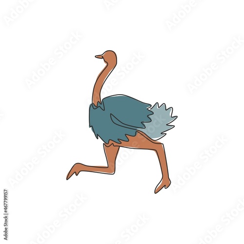 One single line drawing of giant running ostrich for logo identity. Flightless bird mascot concept for safari park icon. Modern continuous line draw design vector graphic illustration