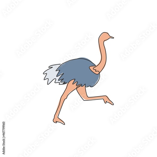 One single line drawing of giant running ostrich for logo identity. Flightless bird mascot concept for safari park icon. Modern continuous line draw design vector illustration graphic