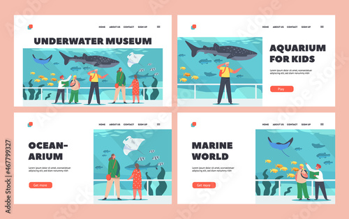 Underwater Museum Landing Page Template Set. Children in Oceanarium, Characters Learn Marine Flora, Fauna, Sea Animals
