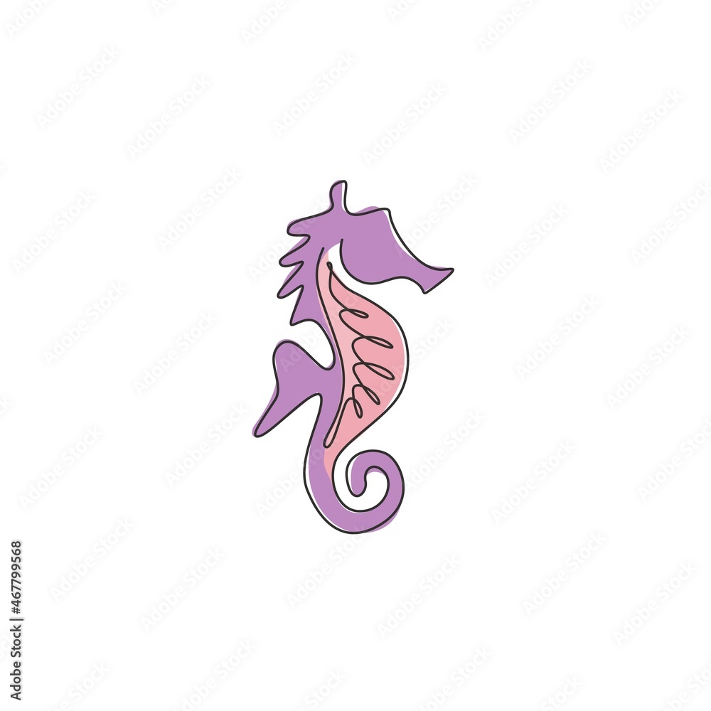 One single line drawing of cute sea horse for aquatic logo identity. Sea monster animal mascot concept for national zoo icon. Modern continuous line draw design vector illustration One single line drawing of cute sea horse for aquatic logo identity. Sea monster animal mascot concept for national zoo icon. Modern continuous line draw design vector illustration