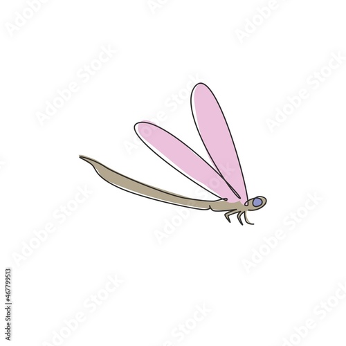 One single line drawing of cute dragonfly for company logo identity. Odonata animal mascot concept for insect lover club icon. Modern continuous line draw design vector illustration