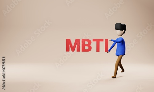 The figure of a man holds the word MBTI in his hands. There is room for text. Copy space. Banner. MBTI. 3D rendering. 3D render. photo
