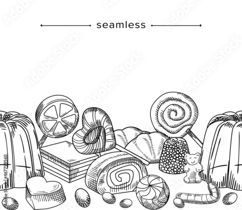 Doodle Pastry, Desserts and Sweets Seamless Pattern, Hand Drawn Lollipops, Pudding, Candy Cane and Chocolate Frame