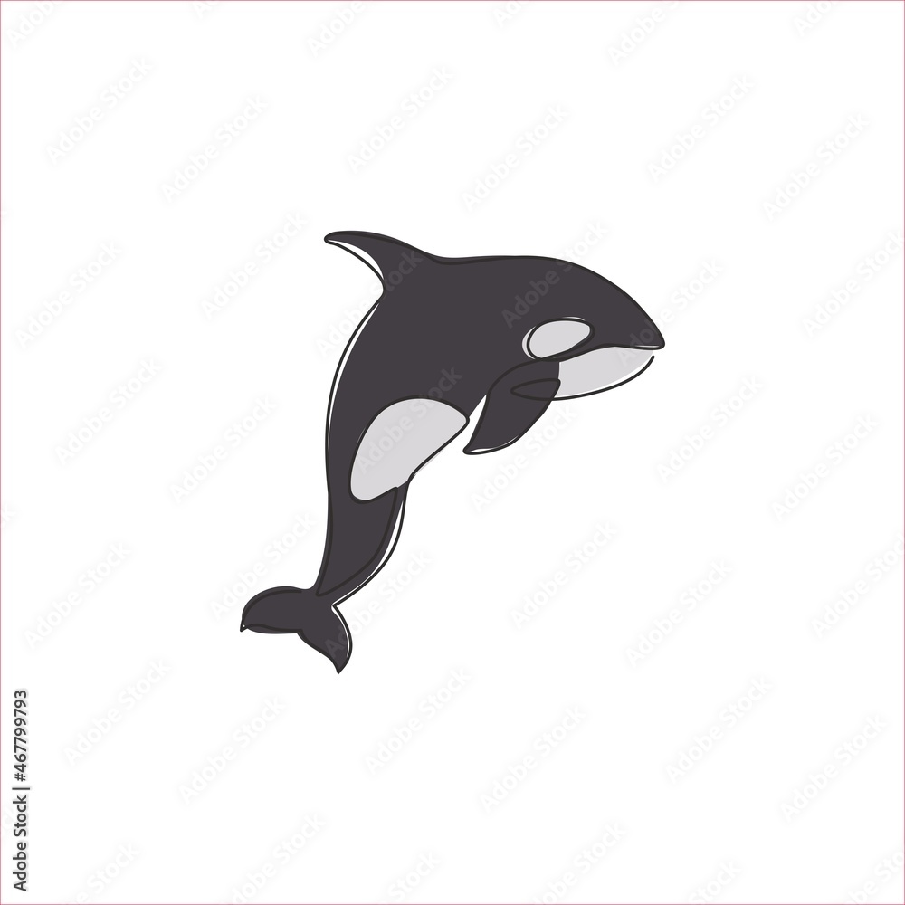 Naklejka premium Single continuous line drawing of big adorable orca for company logo identity. Endangered whale mascot concept for national fish conservation icon. Modern one line draw design vector illustration