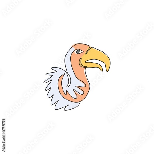 One single line drawing of large vulture for zoo logo identity. Scavenging bird of prey mascot concept for national conservation park icon. Modern continuous line draw design vector illustration