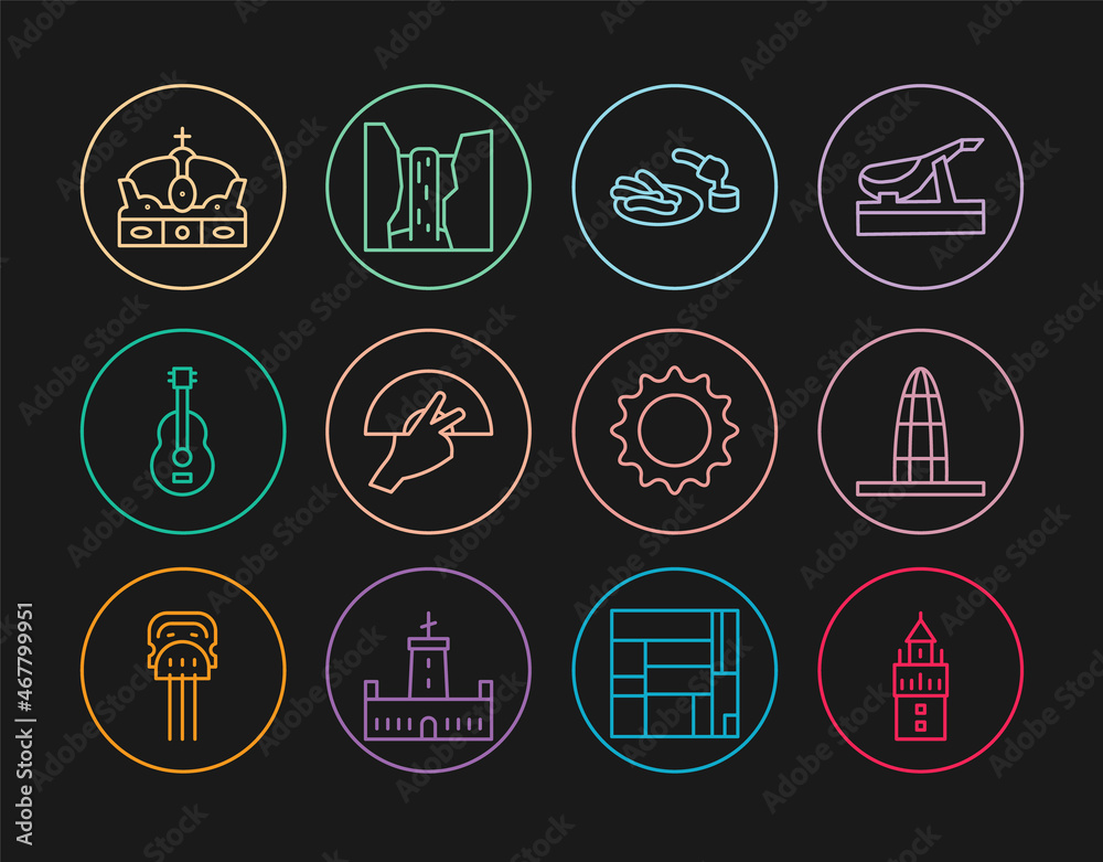 Set line Giralda, Agbar tower, Churros and chocolate, Fan flamenco, Spanish guitar, Crown of spain, Sun and Algar waterfall icon. Vector Set line Giralda, Agbar tower, Churros and chocolate, Fan flamenco, Spanish guitar, Crown of spain, Sun and Algar waterfall icon. Vector
