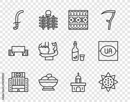 Set line Hotel Ukraina building, Sunflower, Ukrainian ethnic pattern, Varenyky bowl, Medieval sword, Monument to founders of Kiev, Church and Flag Ukraine icon. Vector