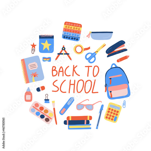 Hand drawn set of school supplies in color vector. Lettering design illustration back to school.