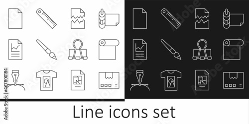 Set line Carton cardboard box, Roll of paper, Torn document, Paint brush, Document with graph chart, Empty, Binder clip and Ruler icon. Vector