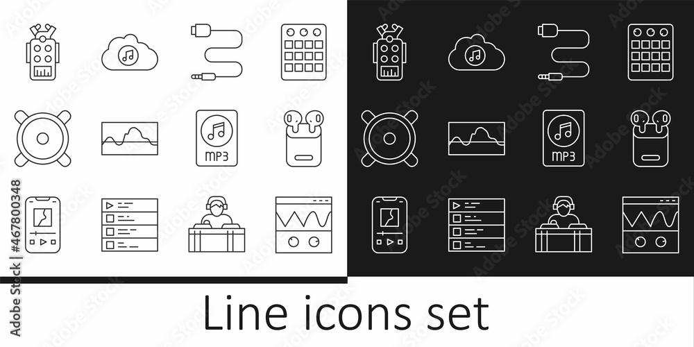 Set line Oscilloscope, Air headphones in box, Audio jack, Music wave equalizer, Stereo speaker, Microphone, MP3 file document and streaming service icon. Vector