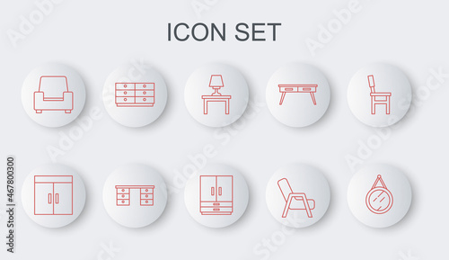Set line Mirror, Wardrobe, Table lamp on table, Armchair, Chest of drawers, Office desk and icon. Vector