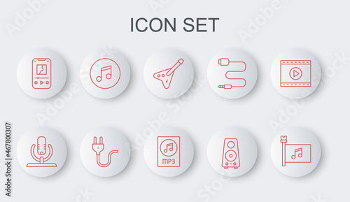Set line Music festival flag, Microphone, Electric bass guitar, Stereo speaker, player, note, tone, plug and MP3 file document icon. Vector