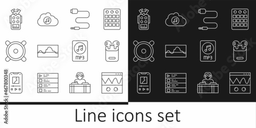 Set line Oscilloscope, Air headphones in box, Audio jack, Music wave equalizer, Stereo speaker, Microphone, MP3 file document and streaming service icon. Vector