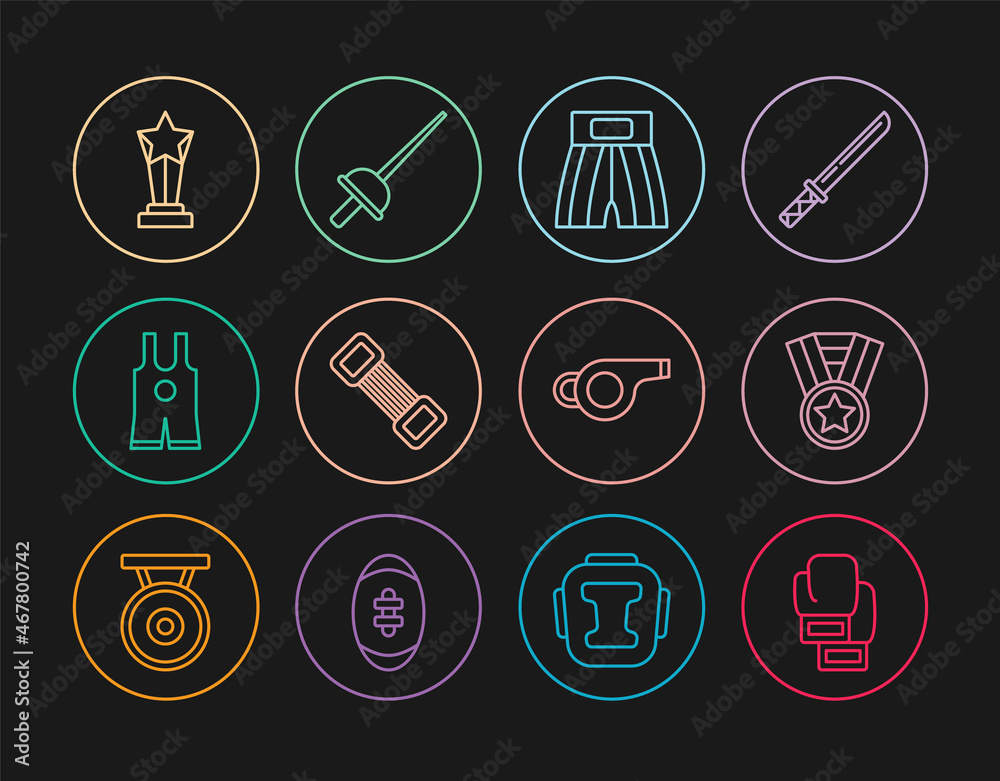 Set line Boxing glove, Medal, short, Chest expander, Wrestling singlet, Award cup, Whistle and Fencing icon. Vector Set line Boxing glove, Medal, short, Chest expander, Wrestling singlet, Award cup, Whistle and Fencing icon. Vector
