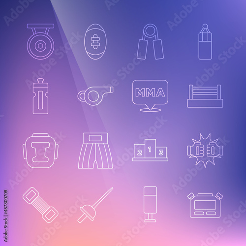 Set line Stopwatch, Punch in boxing gloves, Boxing ring, Sport expander, Whistle, Fitness shaker, Gong and Fight club MMA icon. Vector