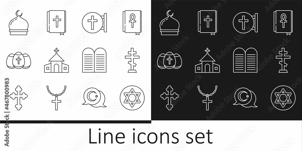 Set line Star of David, Christian cross, Church building, Easter egg, Muslim Mosque, The commandments and Holy bible book icon. Vector