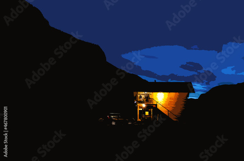 night view tourist base for recreation in the mountains. a car near a wooden house, people are sitting on the veranda are resting