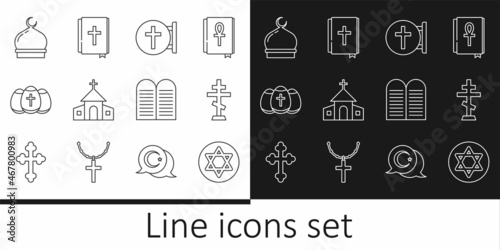 Set line Star of David, Christian cross, Church building, Easter egg, Muslim Mosque, The commandments and Holy bible book icon. Vector