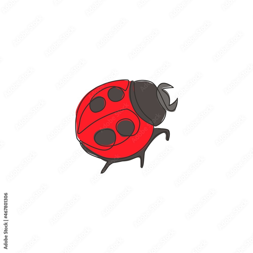 Fototapeta premium One continuous line drawing of cute ladybug for company logo identity. Agricultural pest mascot concept for public garden icon. Modern single line draw graphic design vector illustration