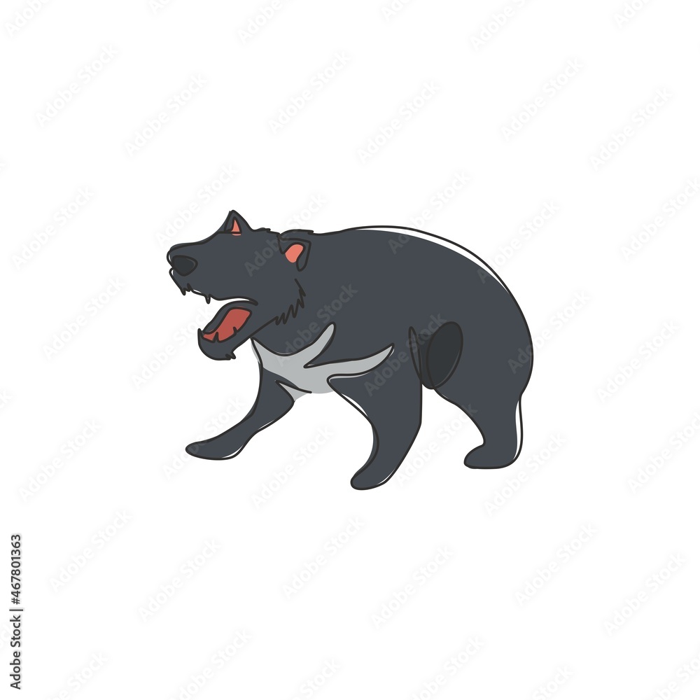 Obraz premium Single one line drawing of furious tasmanian devil for organisation logo identity. Tasmanian island mascot concept for tourist attractor icon. Modern continuous line draw design vector illustration