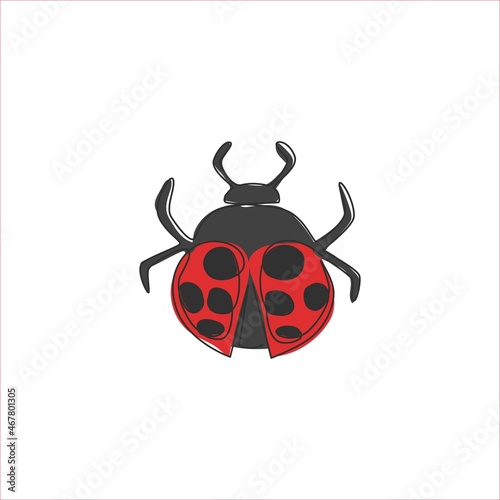 Single one line drawing of adorable ladybug for company logo identity. Little insect mascot concept for bug lover club icon. Modern continuous line draw design vector graphic illustration