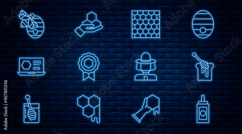 Set line Jar of honey, Honey dipper stick with, Honeycomb, medal, online service, Hive for bees, Beekeeper protect hat and and hand icon. Vector