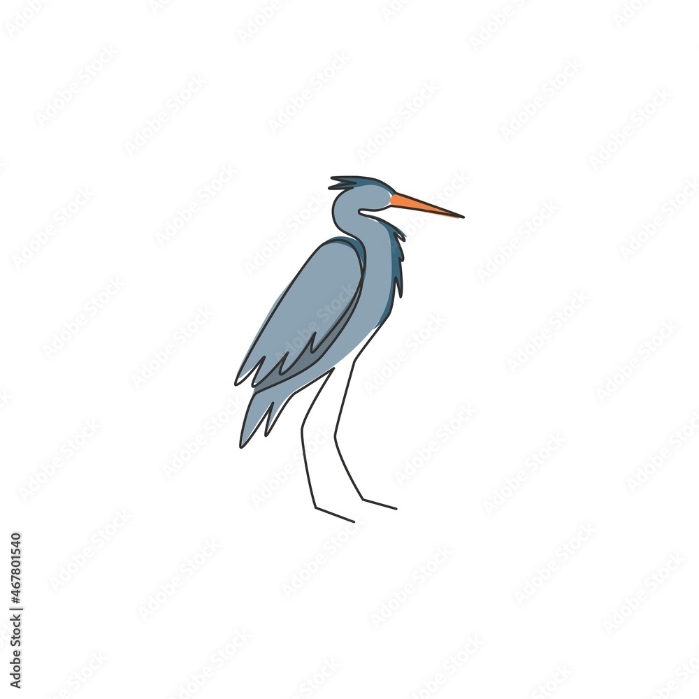 Obraz premium Single continuous line drawing of adorable standing heron for company logo identity. Long beak bird mascot concept for national conservation park icon. Modern one line draw design vector illustration