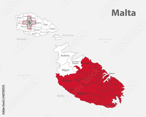 Map of the Malta in the colors of the flag with administrative divisions vector