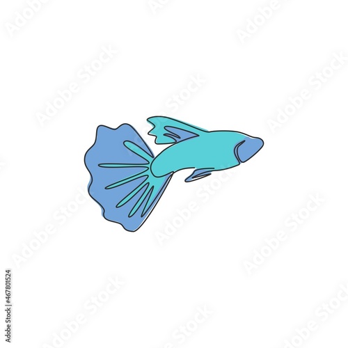 Single continuous line drawing of beauty guppy fish for aquarium logo identity. Freshwater aquarium fish mascot concept for aquatic park icon. Modern one line draw design vector graphic illustration