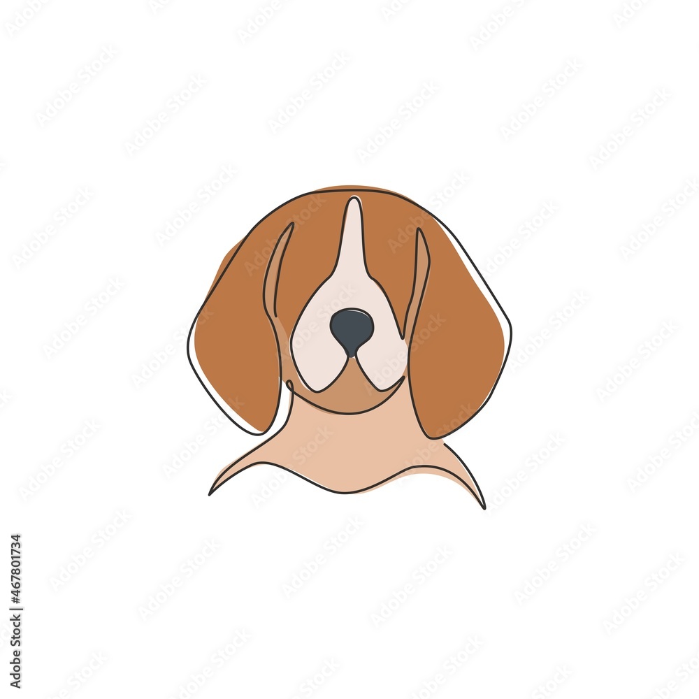 Single continuous line drawing of adorable beagle dog head for company logo identity. Purebred dog mascot concept for pedigree friendly pet icon. Modern one line draw design vector illustration Single continuous line drawing of adorable beagle dog head for company logo identity. Purebred dog mascot concept for pedigree friendly pet icon. Modern one line draw design vector illustration