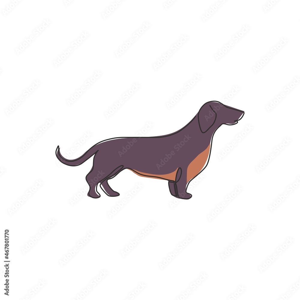 One continuous line drawing of adorable dachshund dog for logo identity. Purebred dog mascot concept for pedigree friendly pet icon. Modern single line draw design vector graphic illustration