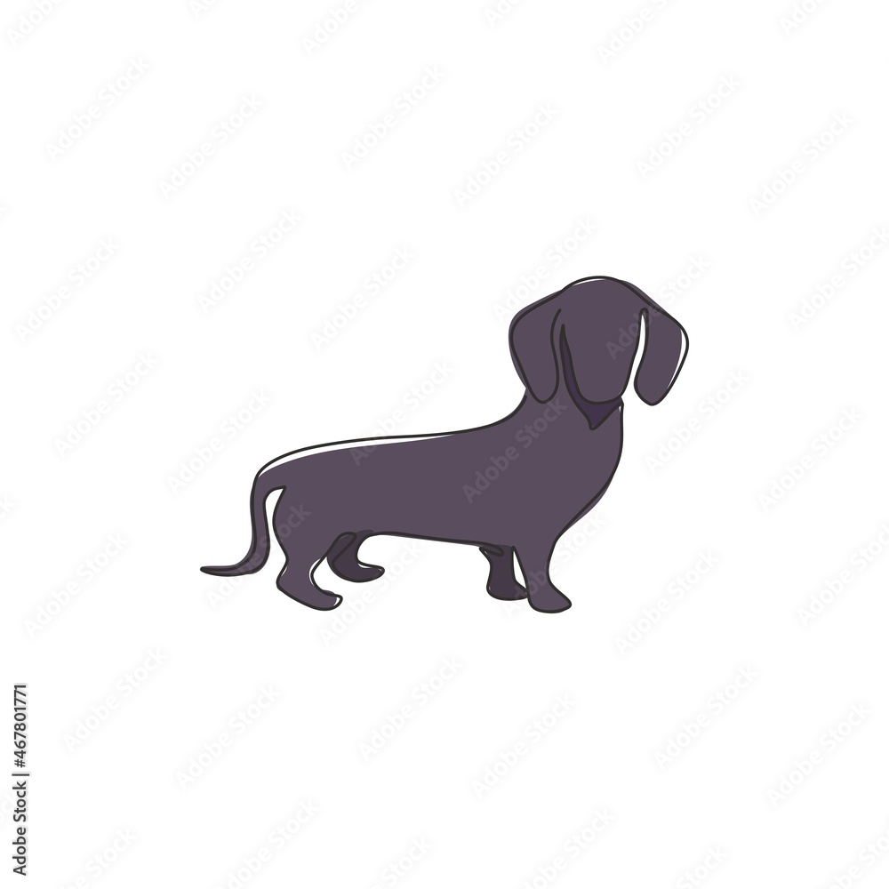 Single one line drawing of funny dachshund dog for logo identity. Purebred dog mascot concept for pedigree friendly pet icon. Modern continuous one line draw design graphic vector illustration