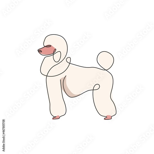Single continuous line drawing of adorable poodle dog for company logo identity. Purebred dog mascot concept for pedigree friendly pet icon. Modern one line draw design vector graphic illustration