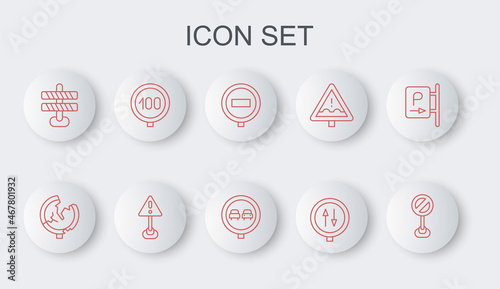 Set line Stop sign, Road traffic, warning two way, barrier, Speed limit, Exclamation mark triangle and No overtaking road icon. Vector