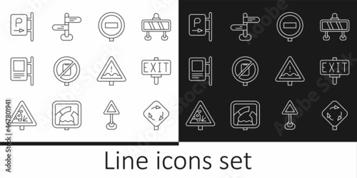 Set line Roundabout traffic sign, Fire exit, Stop, No cell phone, Road, Parking, Uneven road ahead and icon. Vector