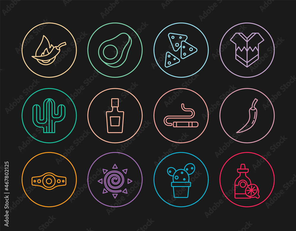 Set line Tequila bottle with lemon, Hot chili pepper pod, Nachos, Cactus, Cigar and Avocado fruit icon. Vector Set line Tequila bottle with lemon, Hot chili pepper pod, Nachos, Cactus, Cigar and Avocado fruit icon. Vector