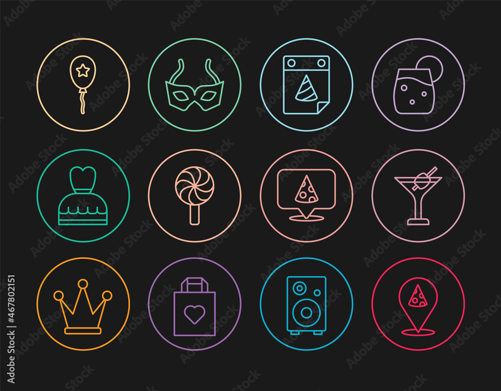 Set line Slice of pizza, Martini glass, Calendar party, Lollipop, Woman dress, Balloon with ribbon, and Festive mask icon. Vector Set line Slice of pizza, Martini glass, Calendar party, Lollipop, Woman dress, Balloon with ribbon, and Festive mask icon. Vector