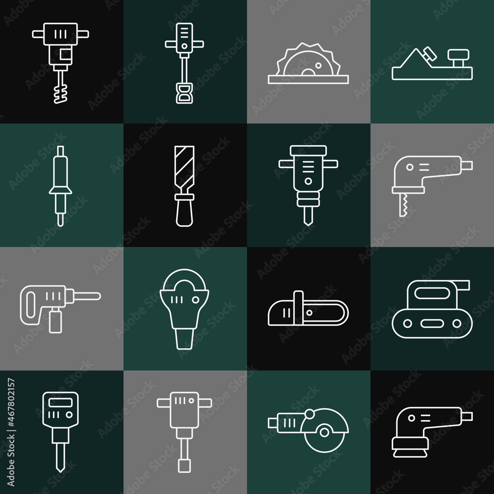 Set line Electric sander, planer tool, jigsaw, circular, Rasp metal file, Soldering iron, Electrical hand concrete mixer and Construction jackhammer icon. Vector Set line Electric sander, planer tool, jigsaw, circular, Rasp metal file, Soldering iron, Electrical hand concrete mixer and Construction jackhammer icon. Vector