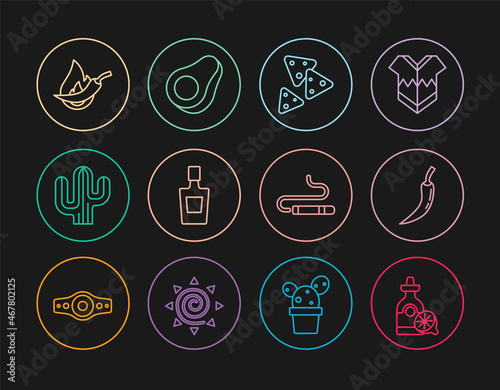 Set line Tequila bottle with lemon, Hot chili pepper pod, Nachos, Cactus, Cigar and Avocado fruit icon. Vector