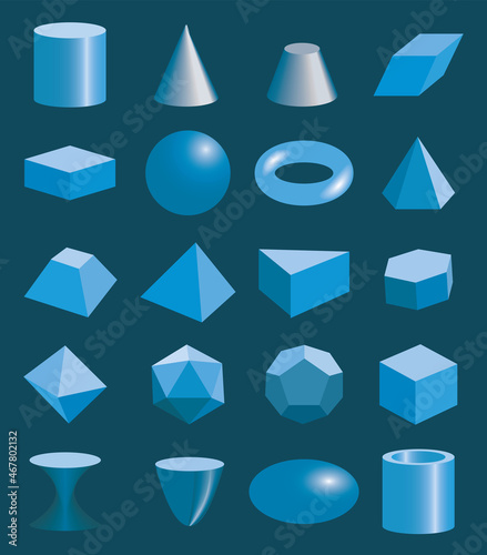 Set of volumetric geometrical colored shapes
