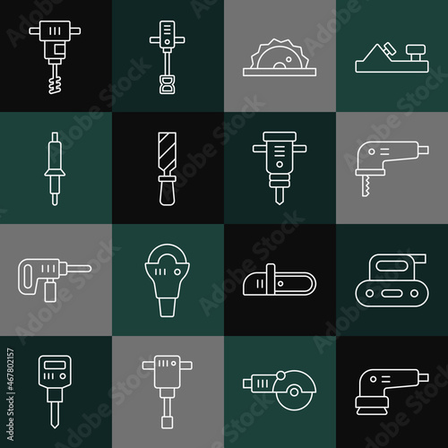 Set line Electric sander, planer tool, jigsaw, circular, Rasp metal file, Soldering iron, Electrical hand concrete mixer and Construction jackhammer icon. Vector